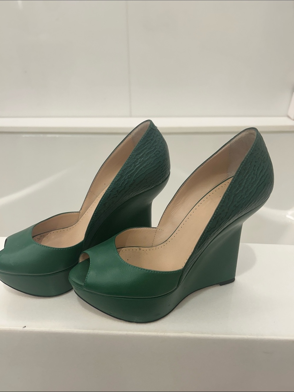 Bally Emerald Green Peep-Toe Wedge Pumps